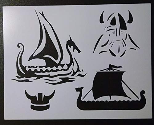 Reusable Sturdy Stencil Viking Vikings Ship Boat Head Helmet 11" x 8.5" Stencil Logo Cut Stencil Sheet -not Paper- Arts and Crafts Material Scrapbooking for Airbrush Painting Drawing