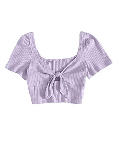 Verdusa Women's Tie Front V Neck Rib Knit Short Sleeve Crop Tee Top Lilac Purple S