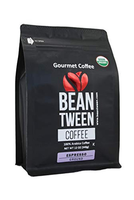 Beantween Coffee - Gourmet ESPRESSO ROAST GROUND of 100 percent Arabica Coffee Woman-owned Organic Coffee Brazil Single Origin Low Acid Certified Organic Kosher 12oz Bag Beantween Coffee - Gourmet ESPRESSO ROAST GROUND of 100 percent Arabica Coffee Woman-owned Organic Coffee Brazil Single Origin Low Acid Certified Organic Kosher 12oz Bag