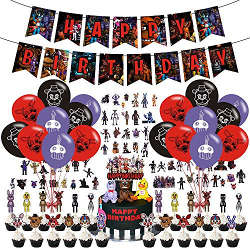 Five Nights at Freddy Birthday Party Supplies Set Happy Birthday Banner Cake Topper Cupcake Toppers Latex Balloons Stickers Birthday Party Supplies for Five Nights at Freddy's