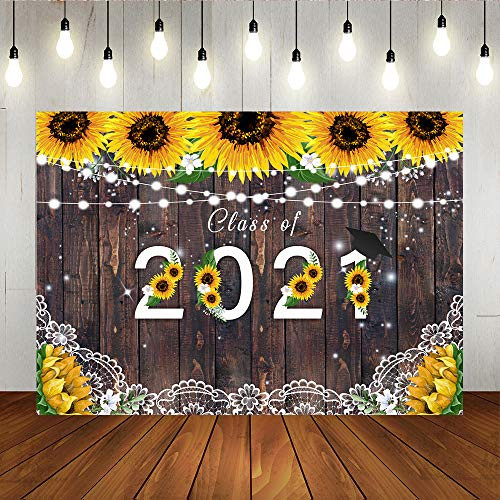 Lofaris Graduation Party Backdrop Class of 2021 Congrats Grad Rustic Wood Sunflower Photography Background Congratulate Celebrations Prom Party Decor Selfie Portrait Photo Booth Props 7x5ft