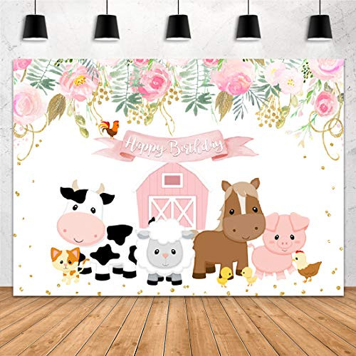 Aperturee Cartoon Farm Animals Happy Birthday Photography Backdrop 7x5ft Pink Flowers Floral Barn Girls Children Child Background Party Decoration Banner Supplies Photo Studio Booth Props Cake Table