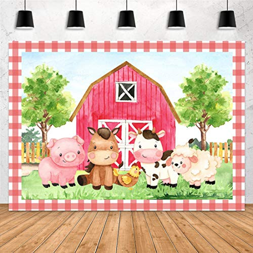 Aperturee 7x5ft Cartoon Farm Animals Photography Backdrop Red Barn Barnyard Baby Girls Baby Shower Happy Birthday Photography Background Newborn Party Decoration Banner Photo Booth Cake Table Supplies