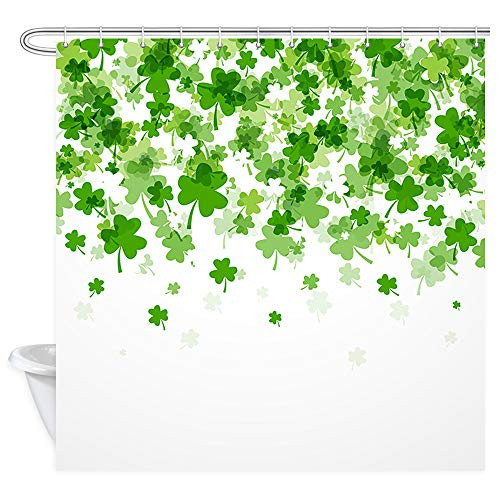 St Patrick's Day Shower Curtain Green Irish St Patrick's Day Clover Shamrock Flying Leaves on White Shower Curtains Fabric Abstract Celebration Celtic Picture Bathroom Curtain 12PCS Hooks 69X70IN