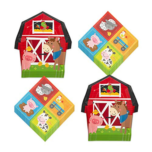 Farm Party Red Barn Paper Dinner Plates and Lunch Napkins -Serves 16-