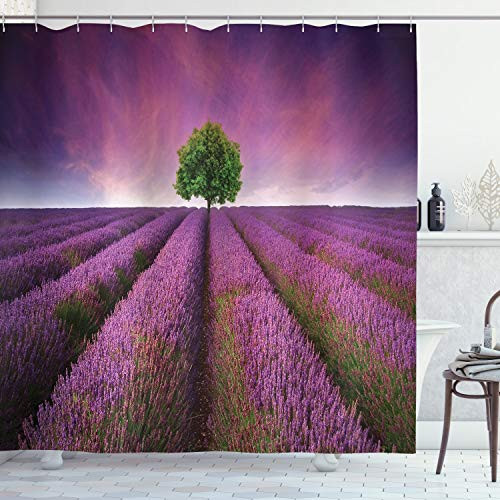 Ambesonne Purple Shower Curtain Romantic Lavender Fields Panoramic View Print Tree and Violet Sky Picture Cloth Fabric Bathroom Decor Set with Hooks 70" Long Purple Green