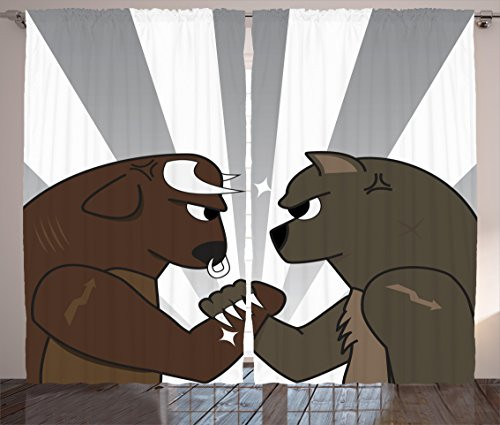 Ambesonne Cartoon Curtains Bull Bear Preparing to Fight Striped Background Wild Competition Living Room Bedroom Window Drapes 2 Panel Set 108" X 84" Army Green Pale Grey