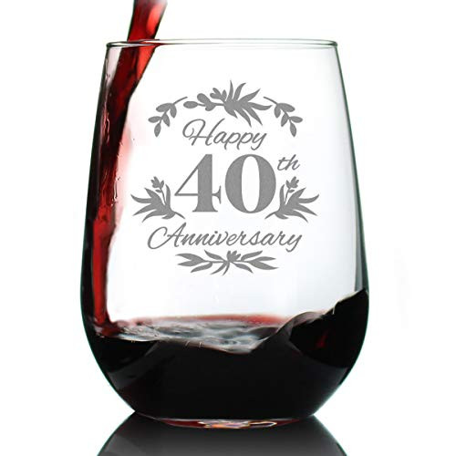 Happy 40th Anniversary - Stemless Wine Glass Gifts for Women  and  Men - 40 Year Anniversary Party Decor - Large Glasses