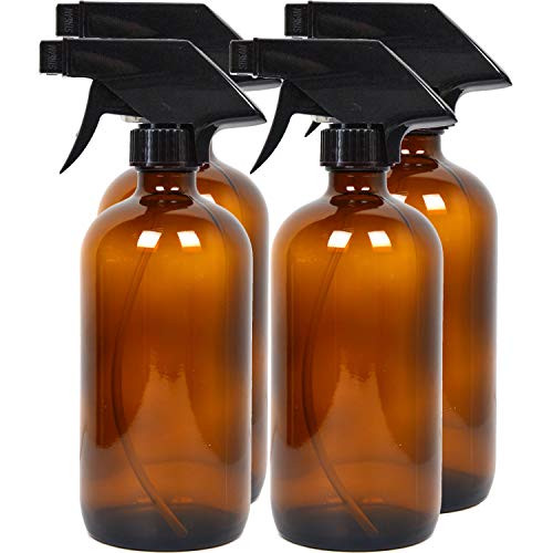 Youngever 4 Pack 16 Ounce Empty Amber Glass Spray Bottles Refillable Container for Essential Oils Cleaning Products or Aromatherapy Trigger Sprayer with Mist and Stream Settings