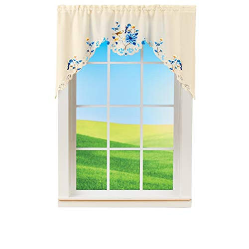 Collections Etc Embroidered Bluebird  and  Floral Accent Curtains - Intricate Cutout Details Rod Pocket Tops - Machine Washable Polyester - Valance Panel Pairs