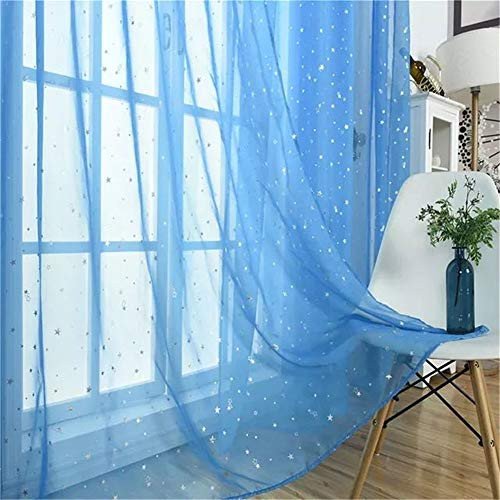 charmsamx Sheer Voile Rod Pocket Curtain Panel Starry Sky Window Drapes Star Printed Sheer Curtain Panels Semi Sheer Window Treatment 39 Inch Long for Bedroom and Living Room -Bule-