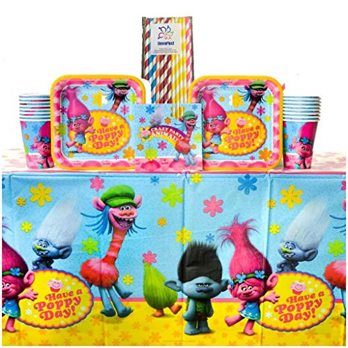 Trolls Party Supplies & Decorating Bundle for 16 Includes Hanging Swirls, Dessert Plates, Beverage Napkins, Paper Cups, Plastic Table Cover and ElevenPlus2 Paper Straws