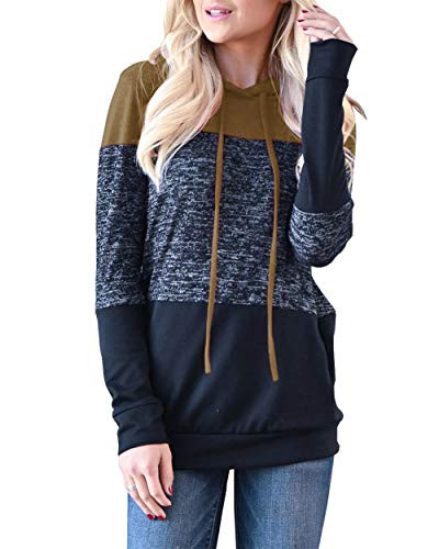 Topstype Women's Pullover Long Sleeve Fall Hoodies Color Block Tunics Loose Casual Sweatshirts -Brown Small-