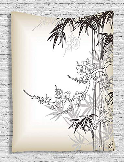 Ambesonne Japanese Bamboo Decor Collection, Abstract Tree and Bamboo Pattern Floral Leaf Design, Bedroom Living Kids Girls Boys Room Dorm Accessories Wall Hanging Tapestry, Ecru Dark Olive