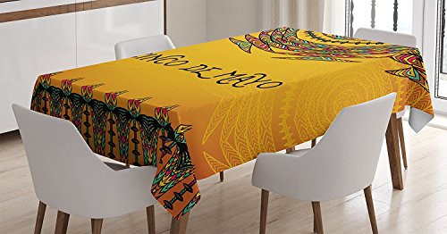 Ambesonne Mexican Decorations Tablecloth by, 5th May Celebration Historical National Aztec Victory Holiday Pattern, Dining Room Kitchen Rectangular Table Cover, 52W X 70L Inches, Orange Green