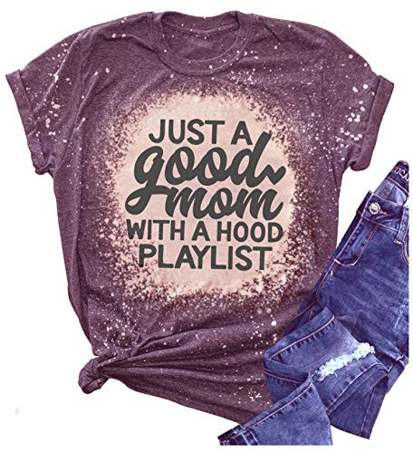 Just A Good Mom with A Hood Playlist Vintage Bleached T Shirts for Women Mom Life Funny Graphic Bleach Tees Shirt Tops -Purple Medium-