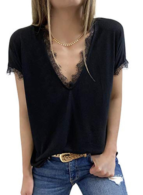 BLENCOT Womens Tops Summer Short Sleeve Lace V Neck T Shirts Casual Tops Blouse Black XX-Large BLENCOT Womens Tops Summer Short Sleeve Lace V Neck T Shirts Casual Tops Blouse Black XX-Large