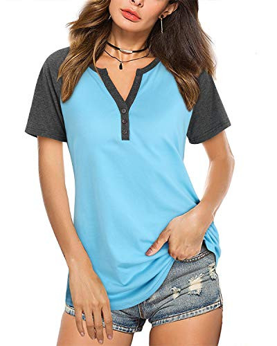 STYLEWORD Womens Casual Short Sleeve Henley Raglan T Shirts Patchwork Tunic V Neck Button Blouse Tops-Blue-635 M-