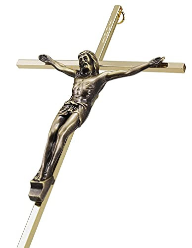 ACHIBANG Crucifix Wall Cross - Metal Slender Catholic Crosses for Wall Decor - 10 Inch - Shiny Gold