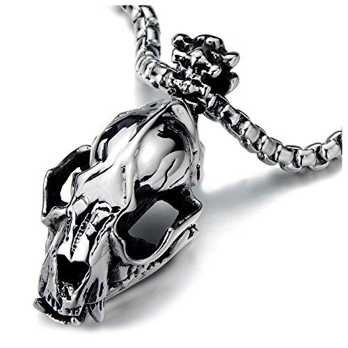 COOLSTEELANDBEYOND Large Dinosaurs Skull Skeleton Pendant Necklace Stainless Steel 30 in Steel Ball Chain Gothic Biker