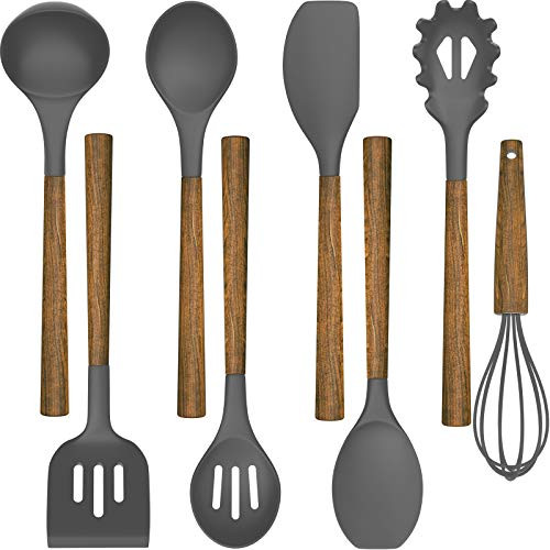 Umite Chef Silicone Cooking Utensil Set 8-Piece Kitchen Utensils Set with Natural Acacia Wooden HandlesFood-Grade Silicone Heads-Silicone Kitchen Gadgets and Spatula Set for Nonstick Cookware - Grey