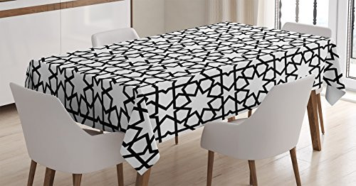 Moroccan Decor Tablecloth by Ambesonne, Moroccan Style Mosaic Ornament Geometric Patterns Classic Decorative Art Print, Dining Room Kitchen Rectangular Table Cover, 52 X 70 Inches, Black White
