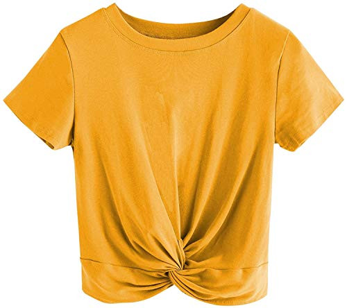 MakeMeChic Women's Summer Crop Top Solid Short Sleeve Twist Front Tee T-Shirt Yellow M