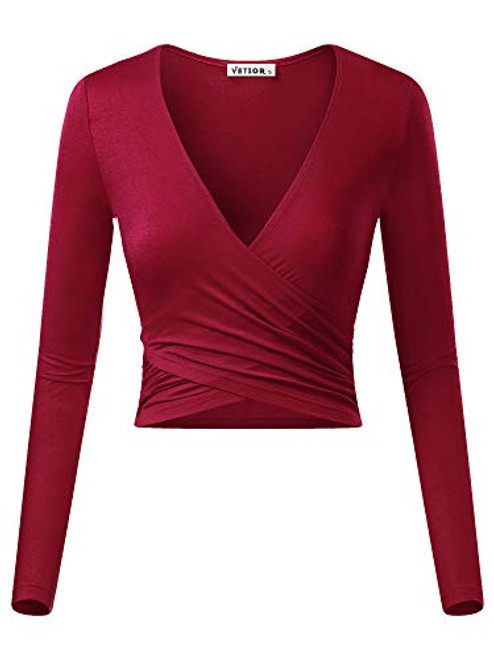VETIOR Women's Deep V Neck Long Sleeve Unique Cross Wrap Slim Fit Crop Tops Large Wine