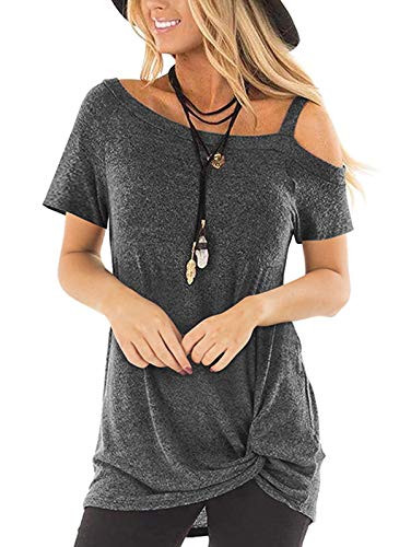 TEMOFON Women's Shirts Cold Shoulder Tops Summer Short Sleeve Casual Twist Knot Blouse T-Shirt Dark Grey M