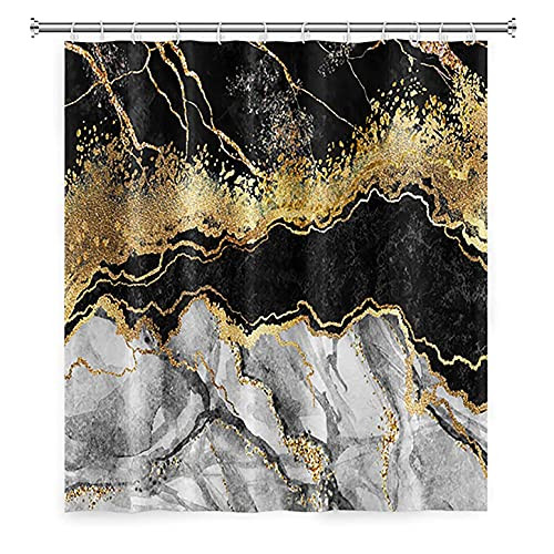LFEEY Black and Gold Marble Shower Curtains for Bathroom Golden Cracked Lines Modern Luxury Marble Texture Bathroom Curtain Waterproof Fabric 72x72 Inch with Hooks