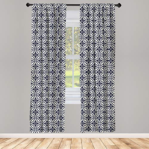 Ambesonne Geometric Window Curtains Symmetrical Circular Pattern Floral Elements Japanese Mandala Flower Foliage Lightweight Decorative Panels Set of 2 with Rod Pocket 56" x 95" Dark Blue Cream