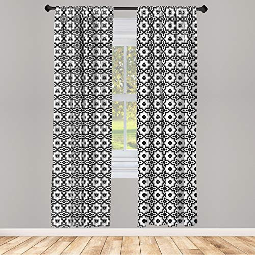 Ambesonne Moroccan Window Curtains Monochrome Pattern Oriental Architecture Inspired Design Oval Symmetric Lightweight Decorative Panels Set of 2 with Rod Pocket 56" x 95" Black White