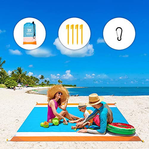 WIWIGO Sand Free Beach Blanket Lightweight Waterproof Beach Mat Outdoor Portable Picnic Mat for Travel Camping Hiking Compact Sand Proof Mat Quick Drying -Orange and Blue-