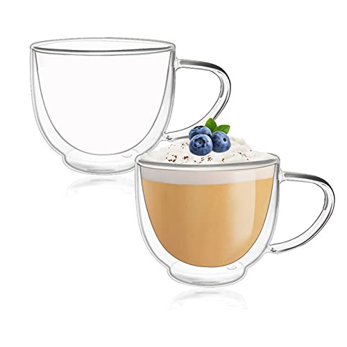 Double Walled Glass Coffee Mugs Espresso Cups Drinking Glasses for Coffee and Tea Insulated Glass Mugs with Large Handle Clear Mugs Each 7oz Set of 2 Perfect for Espresso Latte Cappuccinos