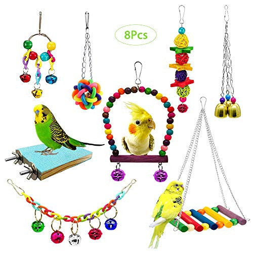 8Pcs Bird Parrot Swing Chewing Toys AUHOKY Hanging Bell Bird Cage Parrot Finch Toys Toys Hanging Cage Hammock Bell Toys for Small Parakeets Cockatiels Conures Macaws Love Birds Finches