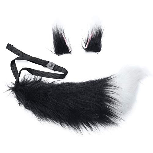 La Carrie Faux Fur Animal Fox Wolf Cat Ears Headband Tail Clip Cute Furry Costume Set Dress Up Halloween Party Cosplay-Black-