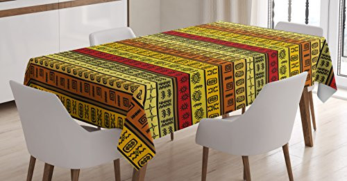 Ambesonne African Tablecloth, Hand Drawn Ethnic Tribal Pattern Ancient Abstract Geometric Striped Illustration, Dining Room Kitchen Rectangular Table Cover, 52 W X 70 L Inches, Multicolor