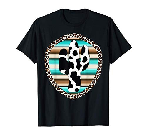 Funny Serape cow print Cactus Leopard print Turquoise Brown T-Shirt