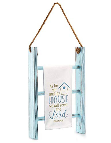 DOCMON 3-Tier Towel Rack Wood Bathroom Decor Wall-Hanging Towel Storage Ladder with Rope for Farmhouse Room Decor -Blue-