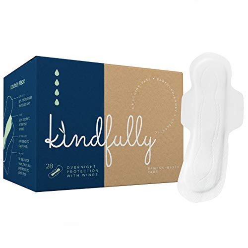 Kindfully Overnight Pads with Wings - 28-Count - Overnight Absorbency - Bamboo-Based Unscented Hypoallergenic Feminine Napkins