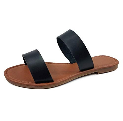 The Collection ANNIE Womens Double 2 Strap Sandal Low Flat Heel Slip On Slide Black 7