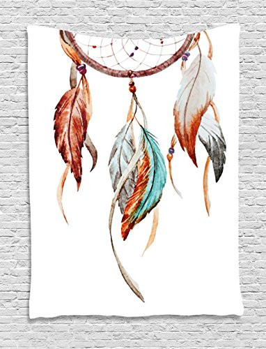 Ambesonne Feather Tapestry, Watercolor Dream Catcher Native American Inspirations Traditional, Wall Hanging for Bedroom Living Room Dorm, 40 W X 60 L inches, Burnt Sienna Seafoam Grey