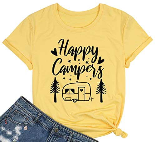 UNIQUEONE Happy Camper Shirt Women Funny Cute Graphic Tee Short Sleeve Letter Print Casual Tee Shirts -Yellow Large-