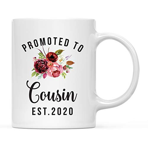 Andaz Press Burgundy Floral Baby Pregnancy Announcement 11oz. Ceramic Coffee Tea Mug Gift Promoted to Cousin EST. Custom Year Relative Novelty Gift Idea 1-Pack Includes Gift Box