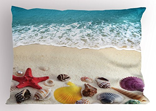 Ambesonne Beach Pillow Sham Sea Shells on Sandy Coast Tropical Island Shore Summertime Travel Vacation Picture Decorative Standard Size Printed Pillowcase 26" X 20" Sand Blue