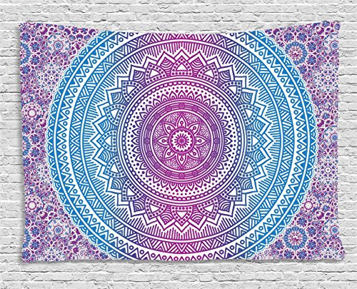 Ambesonne Blue and Pink Tapestry, Ombre Mandala Floral Star Medallion Pattern Ethnic Style Bohemian, Wall Hanging for Bedroom Living Room Dorm, 60 W X 40 L Inches, Blue White and Violet