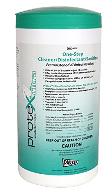 Parkerlabs Protex Disinfectant Textured Wipes Laboratories- Kills 99.9 percent of Bacteria in 15 Seconds - 7" X 10" -Canister of 75 Wipes-