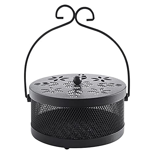 Portable Iron Mosquito Coil Holder - Mosquito Dish with Handle Mosquito Incense Burner for Home and Camping Retro Portable Fireproof Mosquito Sandalwood Incense Coil Burner with Lid -Black-