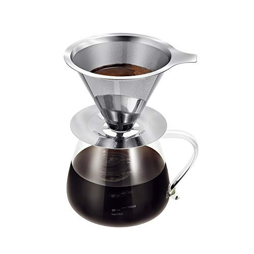 Pour Over Coffee Maker Pour Over Coffee Dripper with Stainless Steel Cone Filter Paperless Filters Coffee Strainer Glass Carafe Hand Drip Brewer 20 Ounce 600ml Glass Cup Pour Over Kit