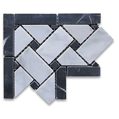 Stone Center Online Carrara White Marble 4x4 Basketweave Mosaic Corner w-Black Dots Honed for Kitchen Backsplash Bathroom Flooring Shower Surround Dining Room Entryway Corrido Spa -1 Sheet-